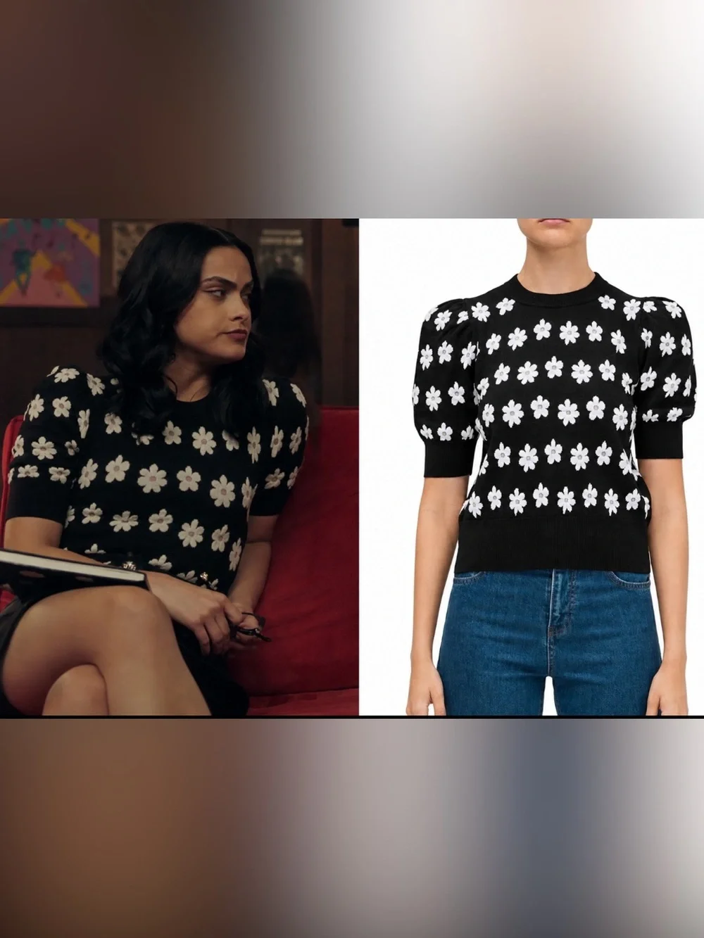 kate spade Black Daisy Puff-Sleeve Knit Top as seen on riverdale